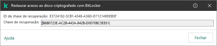 Uma janela com a chave para restaurar o acesso à unidade criptografada que não é do sistema.