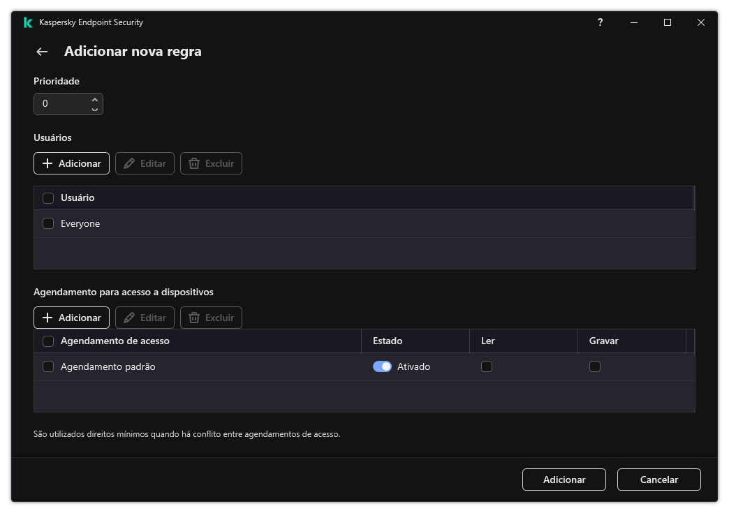 Janela Configuração da Regra de Controle de Dispositivos. O usuário pode atribuir a prioridade da regra, adicionar usuários à regra e definir o agendamento da regra.