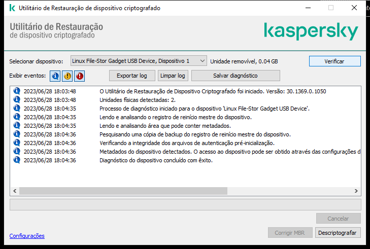 Uma janela com a lista de eventos do utilitário. O usuário pode executar diagnósticos e descriptografar o dispositivo selecionado.