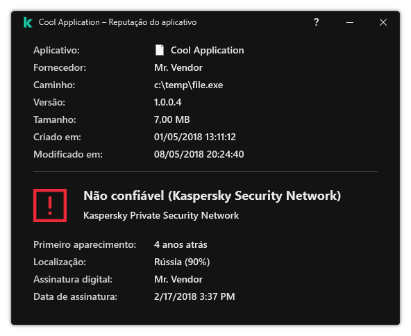 A janela contém informações sobre a reputação do arquivo e outros dados, como a presença de uma assinatura digital.