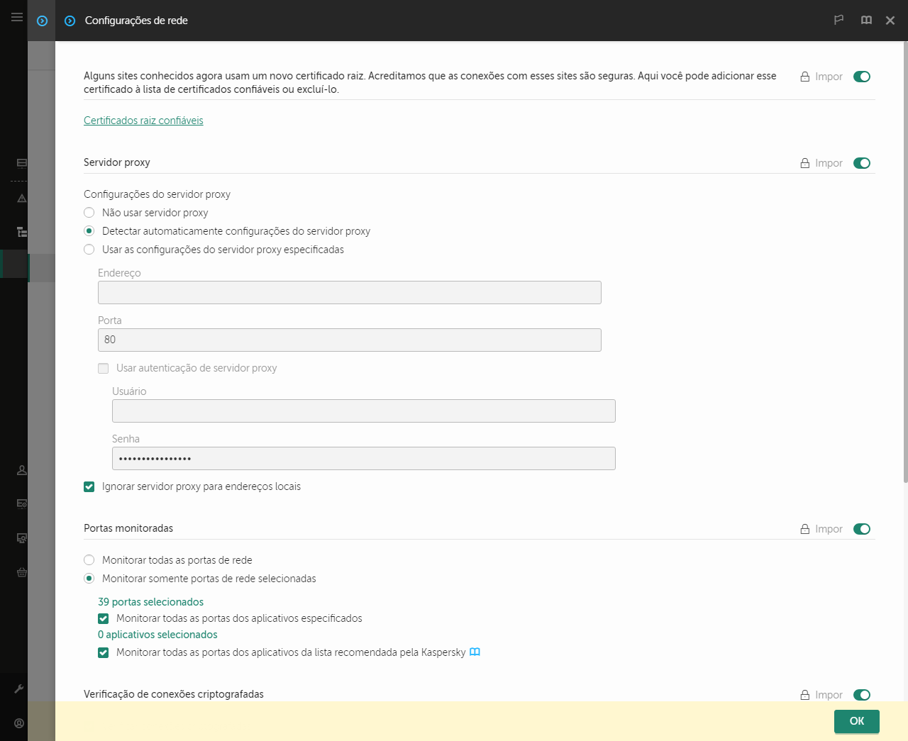 Janela Configurações do Aplicativo de Rede. O usuário pode definir as configurações do servidor proxy.