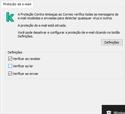 Extensão da Kaspersky para a janela do Outlook. O usuário pode configurar a verificação de mensagens quando recebidas, lidas ou enviadas.