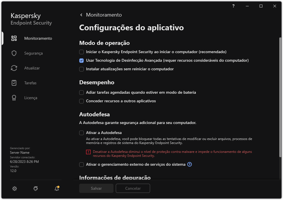 Janela Configurações do Aplicativo. O usuário pode configurar o desempenho, a autodefesa e outras configurações.