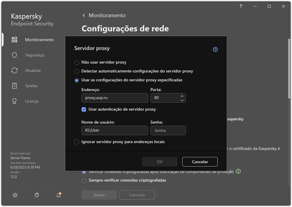 A janela para configurar a conexão do servidor proxy. O usuário pode definir o endereço do servidor proxy e as credenciais para se conectar ao servidor proxy.