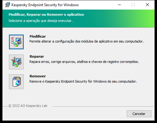 Janela do instalador com uma lista de operações disponíveis: alterar o conjunto de componentes, reparar o aplicativo, remover o aplicativo.