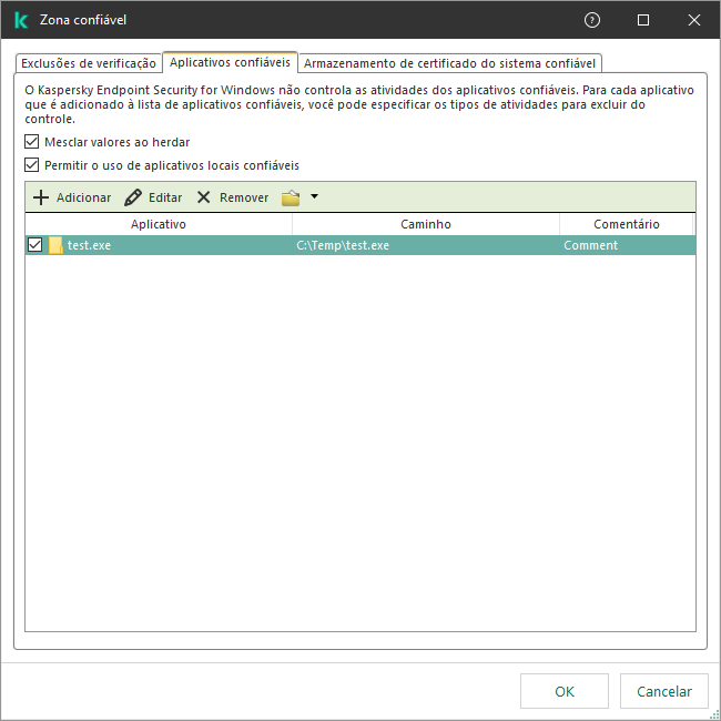 Uma janela com a lista de aplicativos confiáveis. O usuário pode adicionar, editar ou remover um aplicativo confiável.