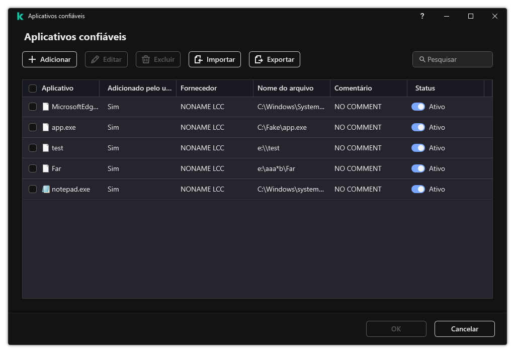 Uma janela com a lista de aplicativos confiáveis. O usuário pode adicionar, editar ou remover um aplicativo confiável.