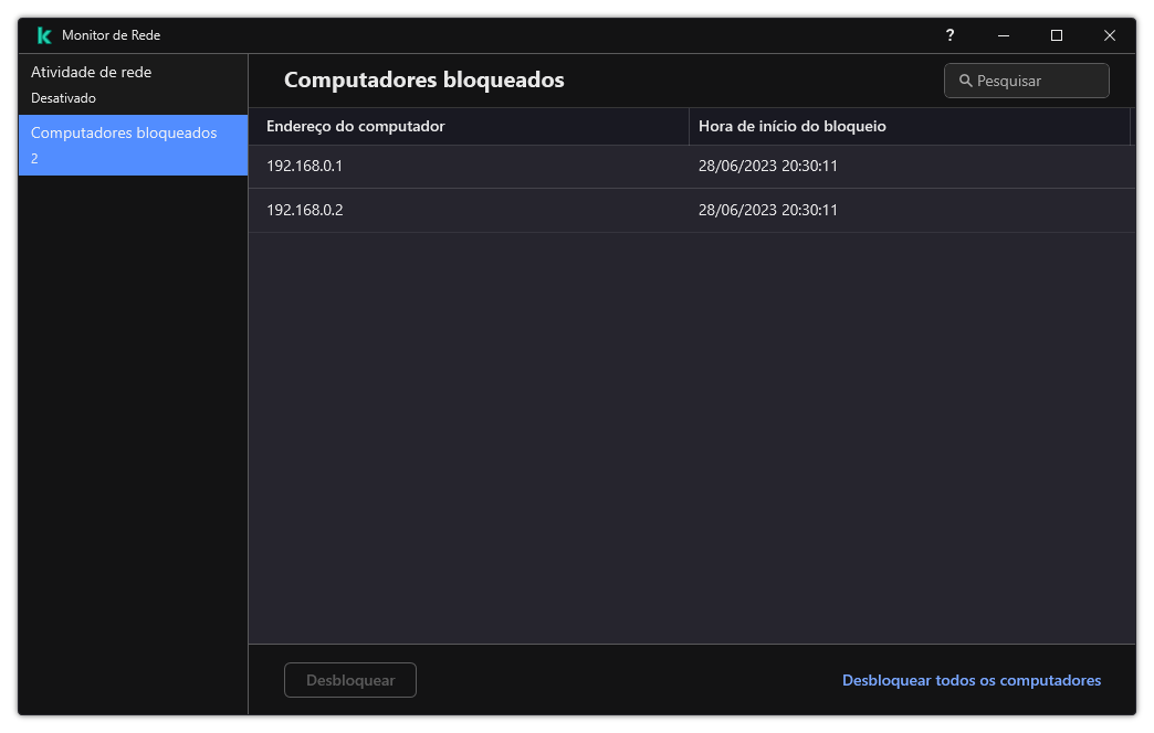 Janela do Monitor de Rede com a lista de computadores bloqueados. É possível desbloquear computadores individuais ou todos os computadores.