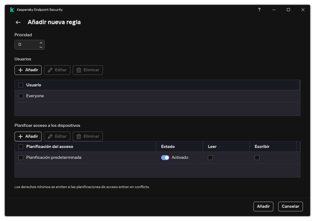 Ventana de configuración de reglas de Control de dispositivos. El usuario puede asignar la prioridad de la regla, agregar usuarios a la regla y establecer la programación de la regla.