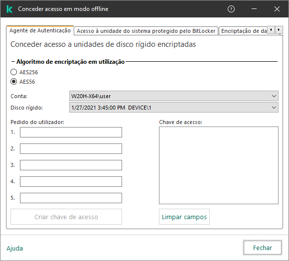 Uma janela com campos para inserir o conteúdo do pedido do utilizador e um campo para a chave gerada para aceder ao disco encriptado.