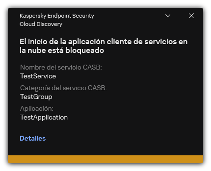 Notificación de bloqueo de servicios en la nube. El usuario puede ver información detallada sobre la regla.