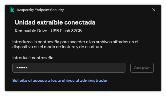 La ventana contiene un campo para introducir la contraseña. El usuario puede crear una solicitud de acceso al archivo.