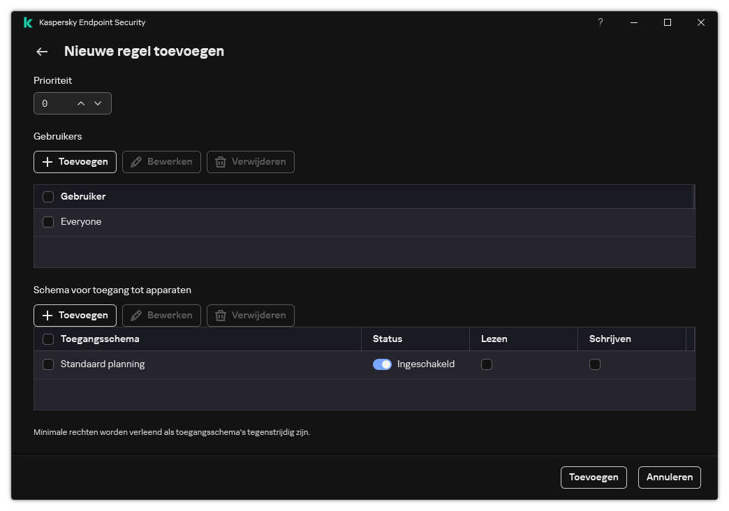 Venster configuratie regel apparaatcontrole De gebruiker kan de regelprioriteit toewijzen, gebruikers aan de regel toevoegen en de regelplanning instellen.