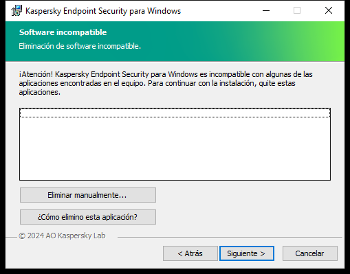 Ventana del instalador que contiene una lista de software incompatible. El usuario puede iniciar la eliminación de software incompatible.