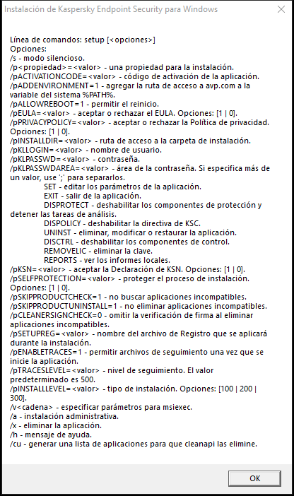 Ventana de información sobre herramientas en la que se describen las opciones de comando para instalar la aplicación a través de CMD.