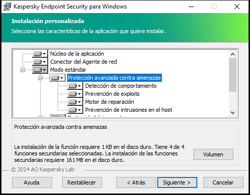 Ventana del instalador que contiene una lista de componentes que un usuario puede seleccionar.