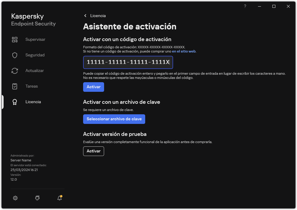 Ventana con las herramientas de activación de la aplicación. El usuario puede ingresar un código de activación o seleccionar un archivo de clave.