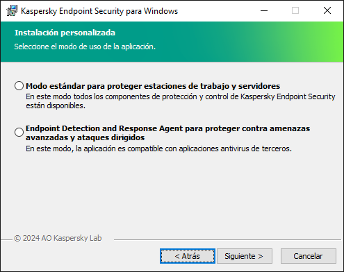 Ventana del instalador con configuración de la aplicación: Todas las funcionalidades o Endpoint Detection and Response Agent.