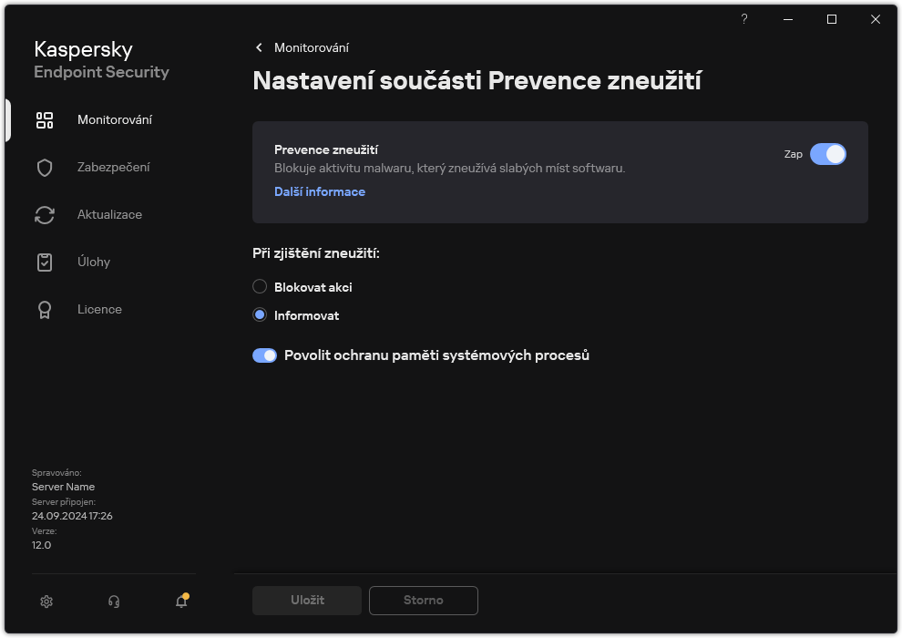 Okno nastavení součásti Prevence zneužití