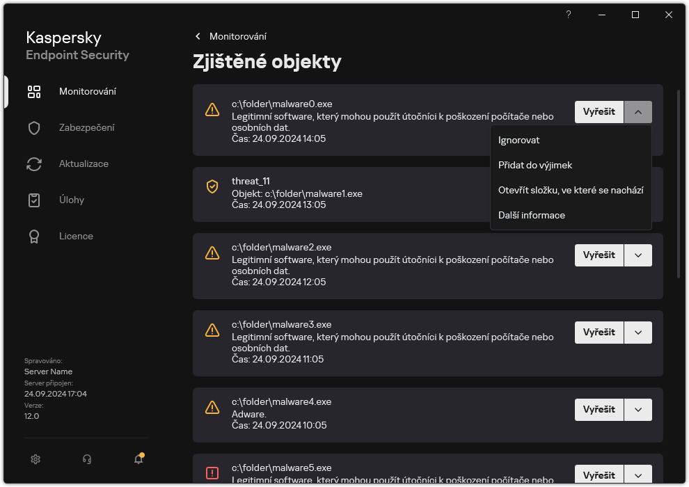Okno se seznamem zjištěných objektů. Zobrazí se informace o objektu. Uživatel může objekt vyřešit nebo odstranit.