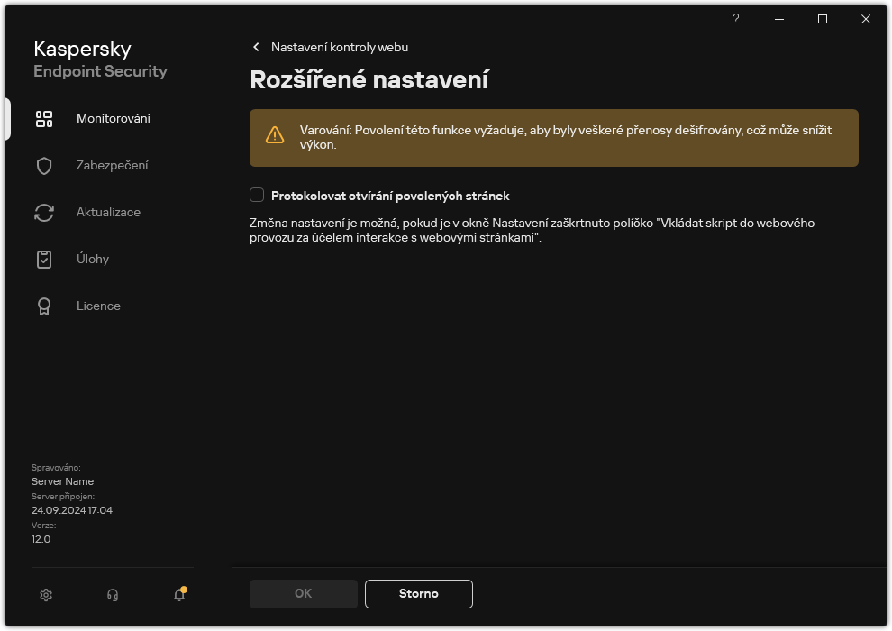 Okno s rozšířeným nastavením součásti Kontrola webu.