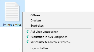 Kontextmenü einer Datei mit Kaspersky-Optionen: auf Viren untersuchen, Reputation in KSN überprüfen, verschlüsseltes Archiv erstellen.