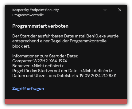 Benachrichtigung über den blockierten Start einer App. Der Benutzer kann eine Anfrage zum Starten der App erstellen.