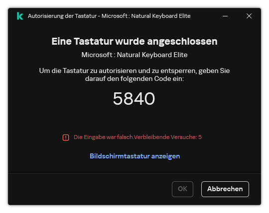 Das Fenster mit einem Autorisierungscode für die Tastatur. Der Benutzer kann die Bildschirmtastatur aktivieren und den Code eingeben.