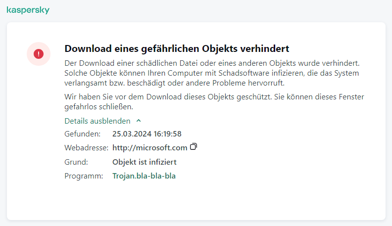 Kaspersky-Benachrichtigung: Das Laden eines schädlichen Objekts im Browserfenster wurde verhindert.