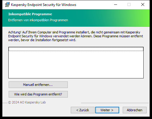 Fenster des Installationsprogramms mit einer Liste der inkompatiblen Software. Der Benutzer kann die Entfernung inkompatibler Software starten.