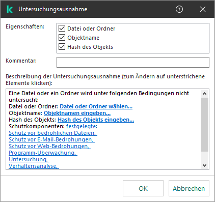 Ein Fenster mit Auswahlwerkzeugen für Ausnahmen. Der Benutzer kann eine Datei oder einen Ordner auswählen bzw. einen Objektnamen oder Hash eingeben.