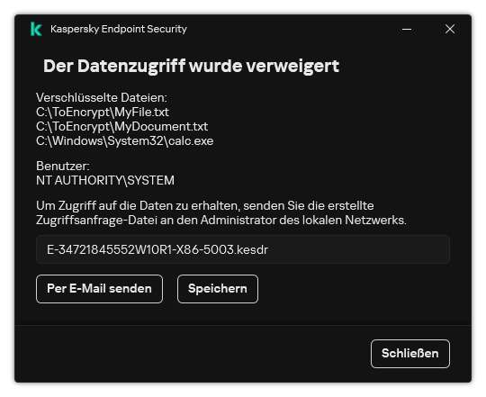 Ein Fenster mit einer Zugriffsanfrage-Datei für verschlüsselte Daten. Der Benutzer kann die generierte Datei auf der Festplatte speichern oder per E-Mail versenden.