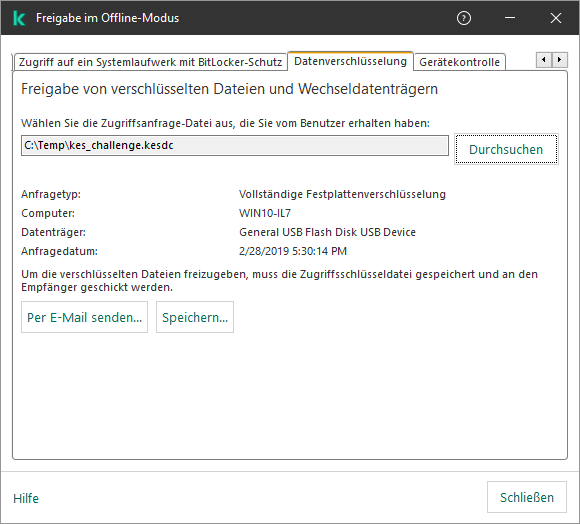 Das Fenster enthält ein Feld zur Auswahl einer Zugriffsanfrage-Datei. Der Benutzer kann die generierte Zugriffsschlüsseldatei auf der Festplatte speichern oder per E-Mail versenden.