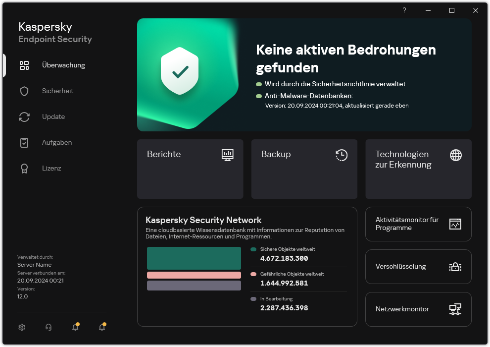 Das App-Hauptfenster enthält Abschnitte zur Überwachung der Computersicherheit und zur Verwaltung der App.