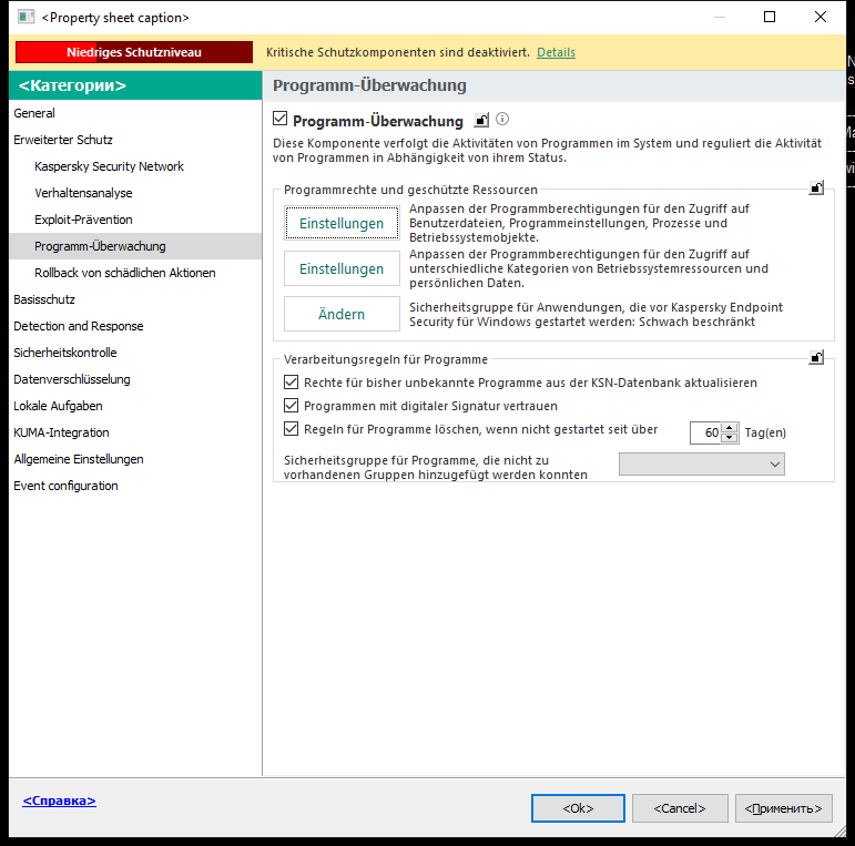 Fenster „Einstellungen der Programm-Überwachung“.