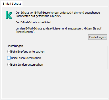 Kaspersky-Erweiterung für das Outlook-Fenster. Der Benutzer kann festlegen, dass Nachrichten beim Empfang, Lesen oder Senden untersucht werden.