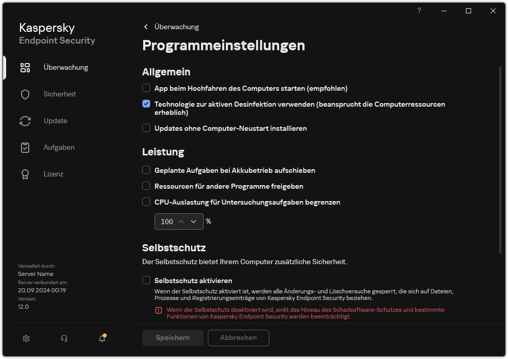 Fenster mit den App-Einstellungen. Der Benutzer kann Leistung, Selbstschutz und sonstige Einstellungen konfigurieren.