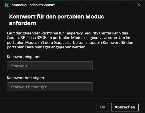 Das Fenster enthält Felder zur Eingabe und Bestätigung des Kennworts.