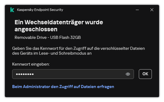 Das Fenster enthält ein Eingabefeld für das Kennwort. Der Benutzer kann eine Zugriffsanfrage-Datei erstellen.