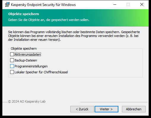 Fenster des Installationsprogramms mit einer Liste von Objekten, die nach dem Entfernen der App gespeichert werden können.