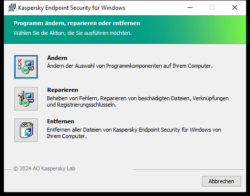 Fenster des Installationsprogramms mit einer Liste der verfügbaren Operationen: ausgewählte Komponenten ändern, App reparieren, App entfernen.