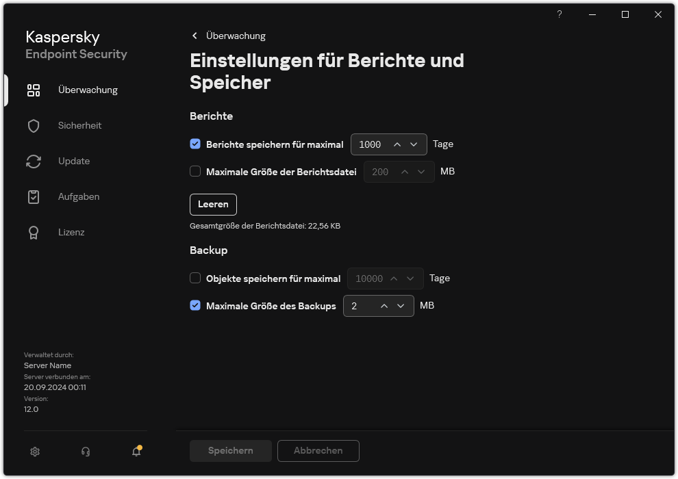 Fenster mit Einstellungen für „Berichte und Speicher“. Der Benutzer kann die Größe von Berichten und Objekten festlegen und die Speicherdauer in der Datenverwaltung begrenzen.