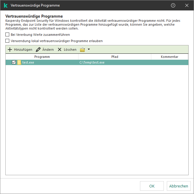 Ein Fenster mit der Liste der vertrauenswürdigen Apps. Der Benutzer kann eine vertrauenswürdige App hinzufügen, bearbeiten oder entfernen.
