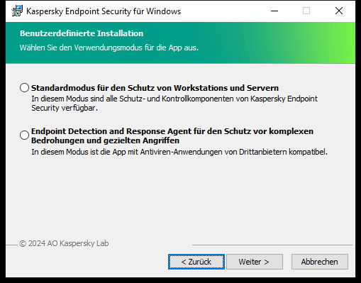 Installationsfenster mit der Konfiguration des Programms: vollständige Funktionalität oder Endpoint Detection and Response Agent.