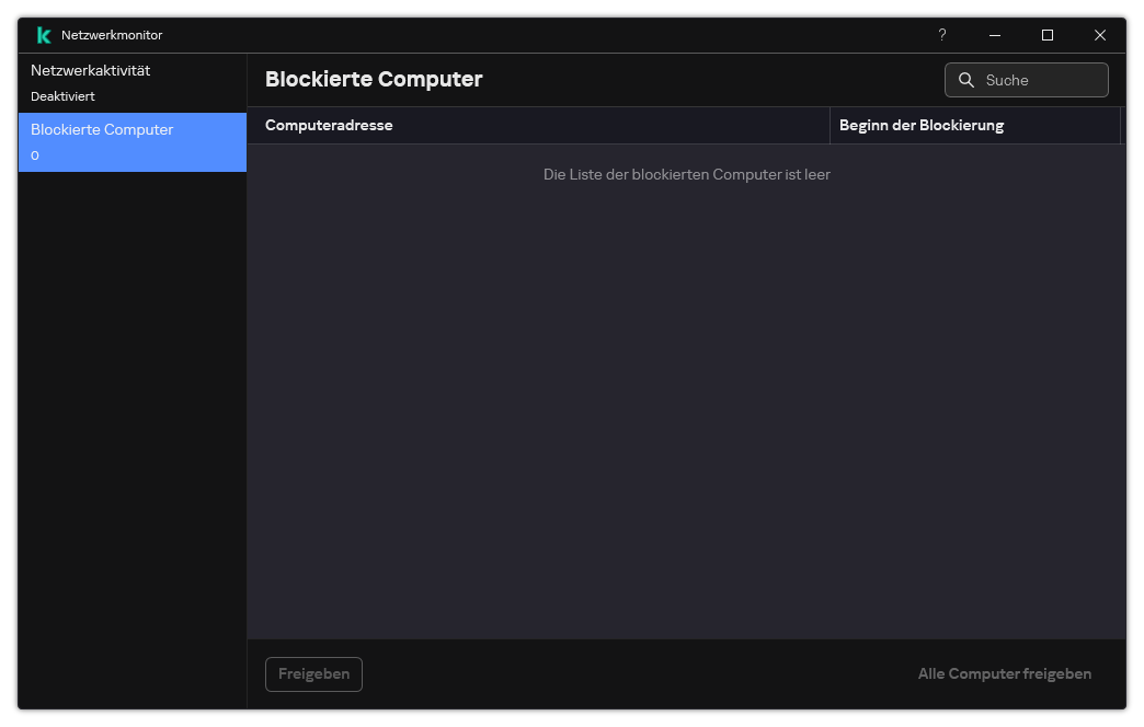 Das Fenster „Netzwerkmonitor“ mit einer Liste der blockierten Computer. Sie können einzelne Computer oder alle Computer entsperren.