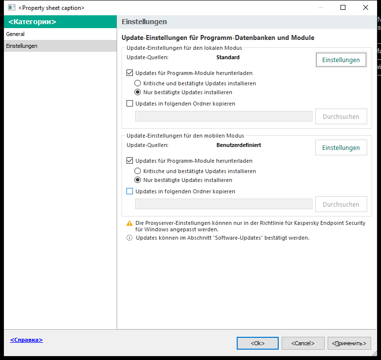 Das Fenster „Einstellungen für die Update-Aufgabe“. Der Benutzer kann das Update im lokalen und mobilen Modus konfigurieren.