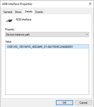 Eigenschaftenfenster für ein ADB-Gerät im Geräte-Manager.