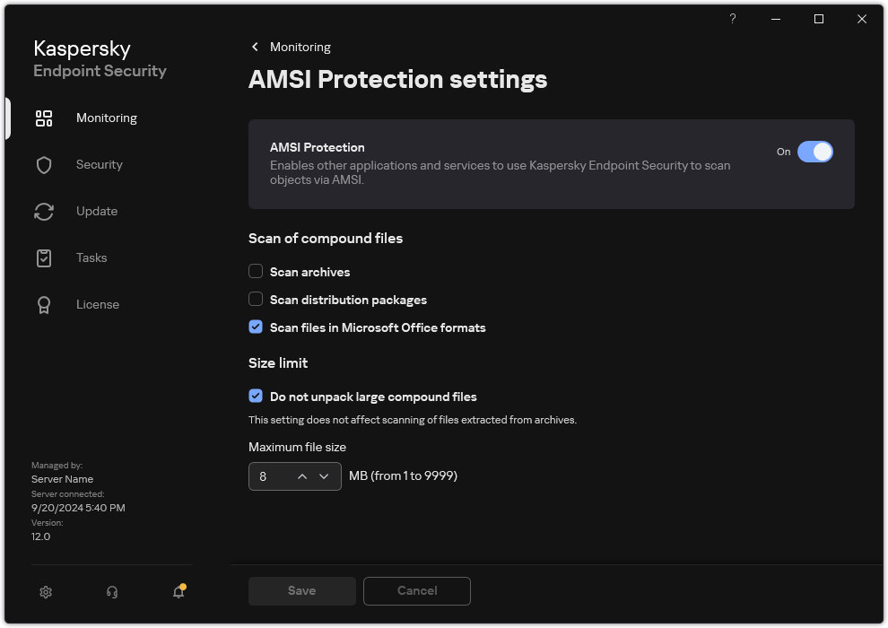 AMSI Protection settings window.