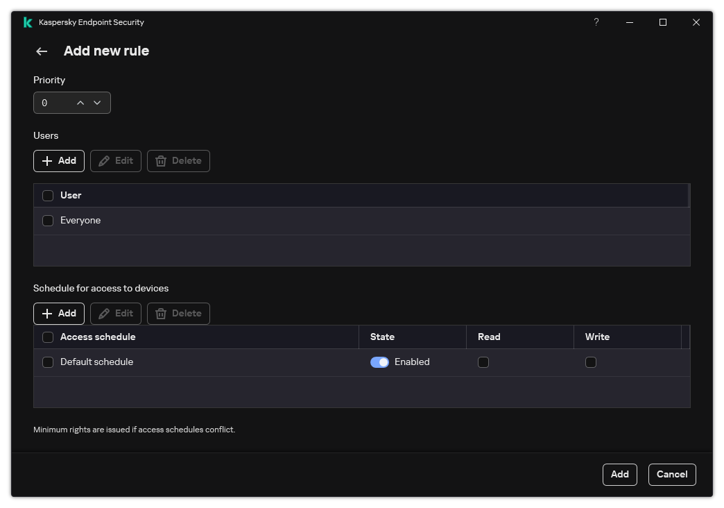 Device Control rule configuration window. The user can assign the rule priority, add users to the rule, and set the rule schedule.