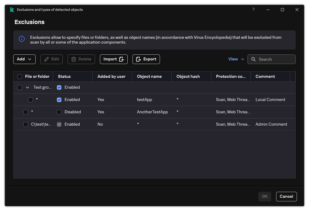 A window with the list of exclusions. Exclusion properties are displayed. The user can add, edit or delete exclusions.